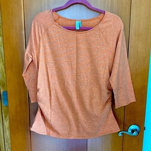 Sahalie 3/4 sleeve Tee Shirt, Orange and Grey Striped, size Large, EUC
